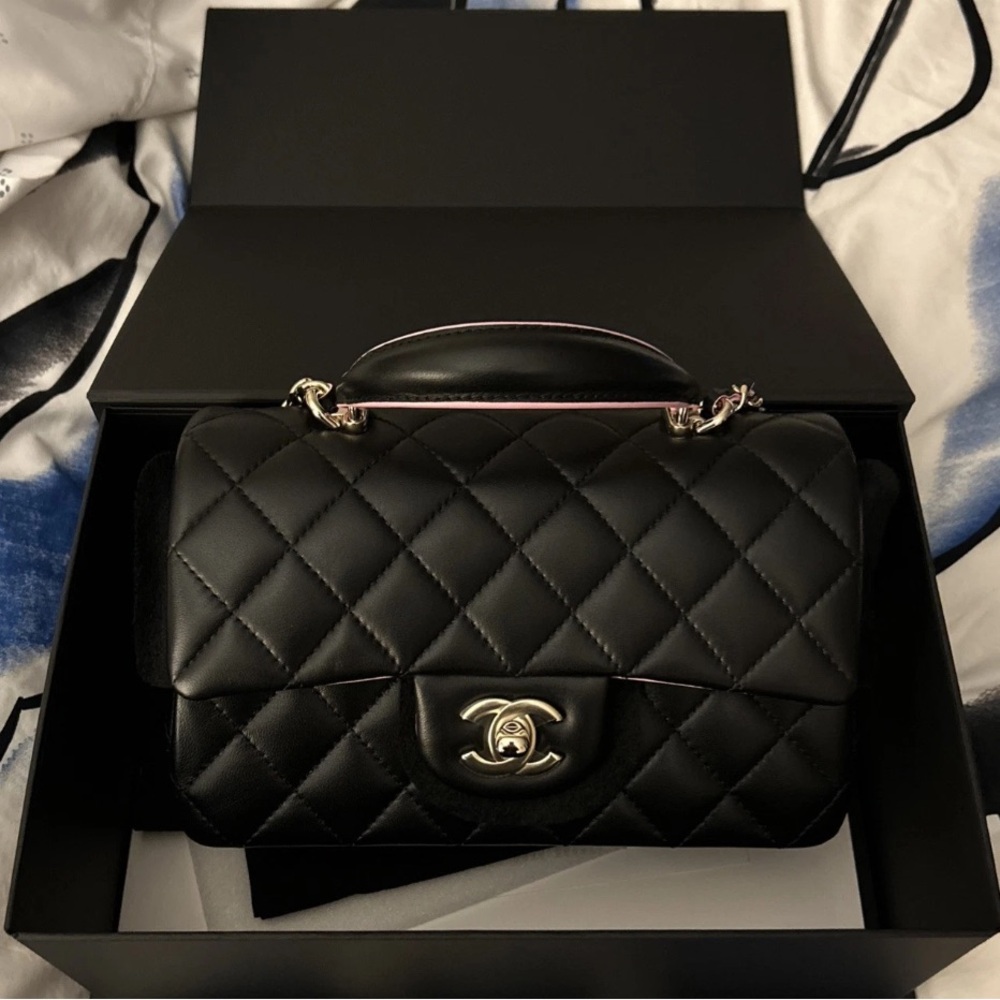 CHANEL Lambskin Quilted Bi-Color Mini Top Handle Rectangular Flap Black Lilac